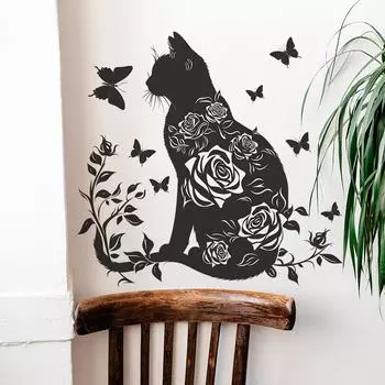 Черная кошка, цветок, бабочка, детская комната, детский сад, украшение стены, настенные наклейки, самоклеящиеся 40*60CM/fun-e80