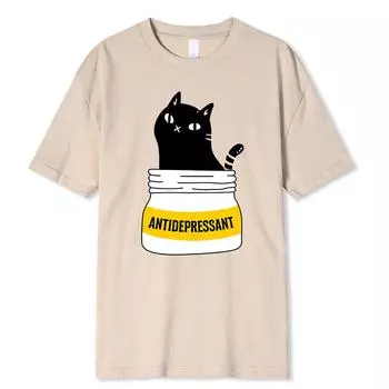 Черная кошка ест антидепрессант смешной принт мужская футболка модная футболка большого размера высококачественные хлопковые футболки летние с коротким рукавом S