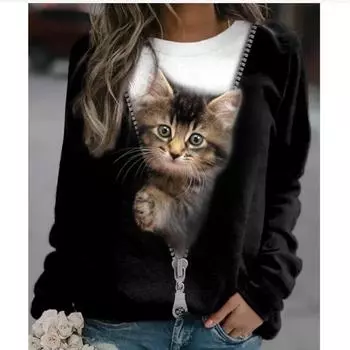 Черная кошка молния принт женская блузка рубашки повседневная круглый вырез длинный рукав женская футболка плюс размер свободный эстетичный пуловер топы S