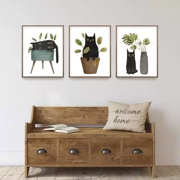 Черная кошка, подарки, настенная живопись на холсте, забавные постеры с кошками и принты, ботанические листы, художественные фотографии для гостиной, Декор Куадрос 21x30cm No Framed