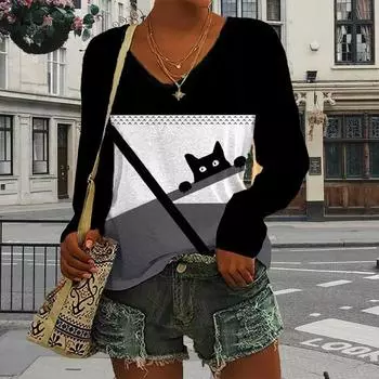 Черная кошка принт женские футболки женские топы с длинным рукавом V-образный вырез пуловер женские футболки футболка для женщин XS красный