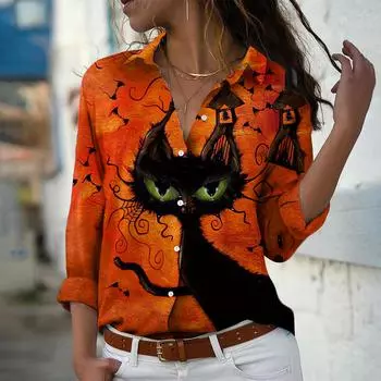 Черная кошка с принтом женская блузка весна осень женская офисная женская рубашка на пуговицах с отложным воротником XS темно-синий