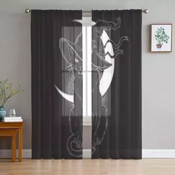 Черная кошка с заостренной шляпой ведьмы, линии искусства и точечная работа, тюлевые прозрачные шторы для гостиной, кухни, декор, вуаль, занавеска из органзы 135W x 114H(cm)