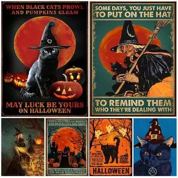 Черная кошка Салемская ведьма тьма художественный постер и принт готическая винтажная ведьма настенная живопись на холсте для декора гостиной без рамки 21*30cm