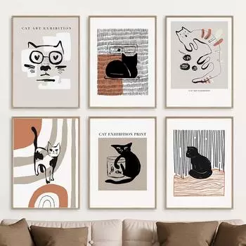 Черная кошка в полоску, абстрактный минимализм, настенная живопись на холсте, плакаты на скандинавскую тему и принты, настенные панно для декора гостиной A4 21X30cm No Framed