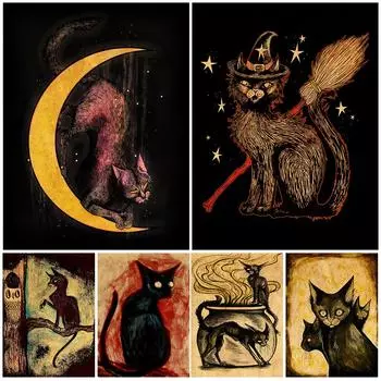 Черная кошка-волшебник с крыльями летучей мыши, винтажная настенная живопись маслом Mooncat Wicca Magic, винтажный художественный постер 21cm30cm NoFrame