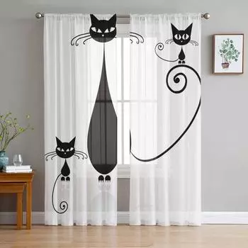 Черная кошка животное Белый тюль Прозрачные шторы для гостиной Декорация окна Шторы для спальни Кухня Вуаль Органза Шторы W135 x H115cm x1&Rod Pocket