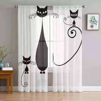 Черная кошка животное Белый тюль Прозрачные шторы для гостиной Декорация окна Шторы для спальни Кухня Вуаль Органза Шторы W135 x H115cm x1&Rod Pocket