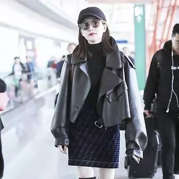 Черная кожаная куртка женская осенне-зимняя модная ретро короткая куртка свободные лацканы мотоциклетная куртка кожаная куртка L recommends 90-52.5kg чёрный