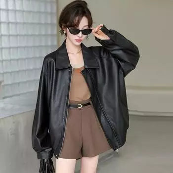 Черная кожаная куртка женская осенняя новая ретро свободная куртка в стиле Майяра из искусственной кожи для мотоцикла M