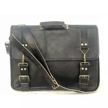 Черная кожаная мужская сумка через плечо для ноутбука, портфель, винтажная сумка 18 x 13 x 5 in чёрный