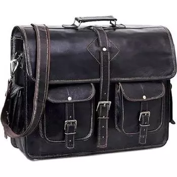 Черная кожаная сумка-мессенджер для мужчин и женщин, 18 дюймов | Винтажная мужская сумка для ноутбука ручной работы из натуральной кожи 18 x 13 x 4 in чёрный