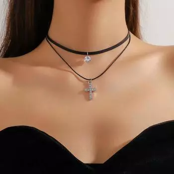 Черная кожаная веревка ожерелье женская двойная цепочка на шею простая цепочка на шею Mori temper кулон на крест