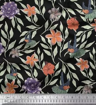 Черная креповая ткань Soimoi из полиэстера с летящей птицей и цветочным принтом от The Yard, 42 дюйма 42 Inch Wide - Poly Crepe чёрный