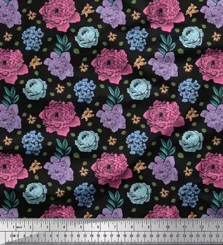 Черная креповая ткань Soimoi из полиэстера с листьями | Ткань с цветочным принтом «Барвинок и пион» в ярдах, 42 дюйма 42 Inch Wide - Poly Crepe чёрный