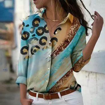 Черная круглая блузка с каменным принтом для женщин, весна-осень, женская офисная женская рубашка на пуговицах с отложным воротником XS синий