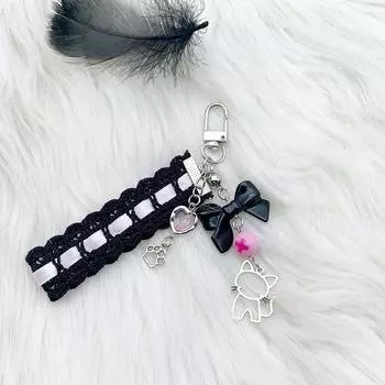 Черная кружевная лента, цепочка с пряжкой в виде кота, котенка, подвесная цепочка для мобильного телефона, подвесной брелок, ремешок для телефона, цепочка для камеры