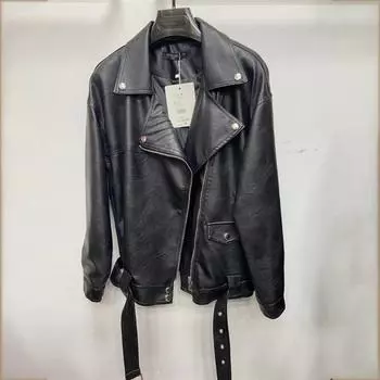 Черная куртка из искусственной кожи для женщин, осенняя свободная модная куртка для улицы начала осени с лацканами, кожаная куртка, топ S