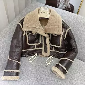 Черная куртка из овечьей шерсти, зимняя верхняя одежда, утолщенная бархатная мотоциклетная куртка из искусственной кожи, мото-пальто из искусственной кожи, плюшевый кардиган с воротником-стойкой, топы S