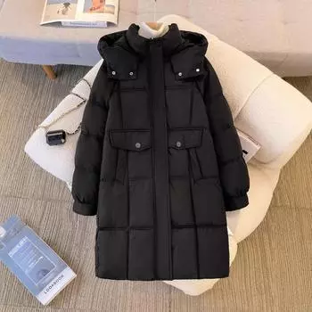 Черная куртка-пуховик с капюшоном женская зимняя новая большого размера fat mm длинная куртка до колена S [recommended 80--60kg]
