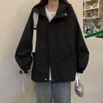 Черная куртка штурмовика весна осень тонкие ветрозащитные пальто повседневные свободные на молнии с капюшоном рабочая одежда тренчи женские куртки S чёрный