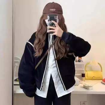 Черная куртка Xiaoxiangfeng женская осень и зима 2024 года, новая бейсбольная куртка в стиле ленивой ранней осени, высокое чувство M чёрный