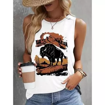 Черная майка с принтом быка и дикой природы для женщин, уличная мода, женская футболка без рукавов, летняя повседневная женская майка S