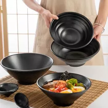 Черная матовая меламиновая миска для рамэна, имитация фарфора, большая миска для лапши, японский стиль, фруктовый салат, суп, посуда для фаст-фуда