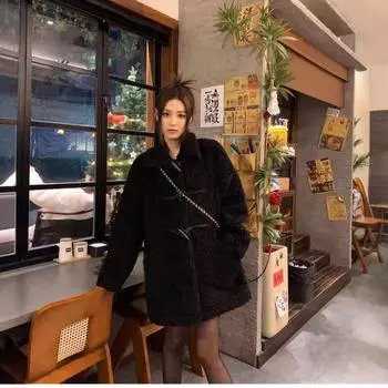 Черная меховая куртка с пряжкой из рога для женщин, зимняя новая овечья шерсть, тонкий, средний и длинный меховой топ S чёрный