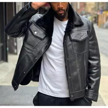 Черная меховая воротниковая мужская кожаная куртка с утолщенным бархатом S чёрный