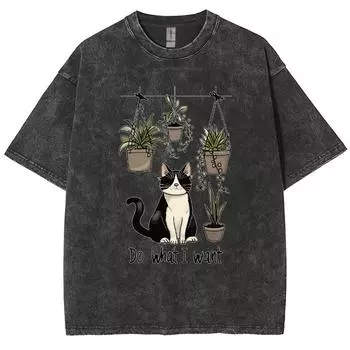Черная милая футболка с мультяшным принтом кошки для женщин, оверсайз, свободного кроя, из вареного денима, хлопок, с коротким рукавом, повседневная, модная, девчачий топ S