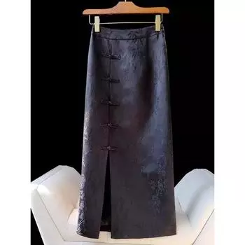Черная модифицированная новая юбка в китайском стиле с пряжкой на бедрах, осенне-зимняя новая узкая юбка из жаккарда в стиле ретро с высокой талией для женщин S
