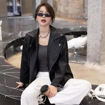 Черная мотоциклетная кожаная куртка для женщин, весенняя, новая, стильная, свободная, кожаная куртка с лацканами, весенне-осенний, повседневный топ в гонконгском стиле S