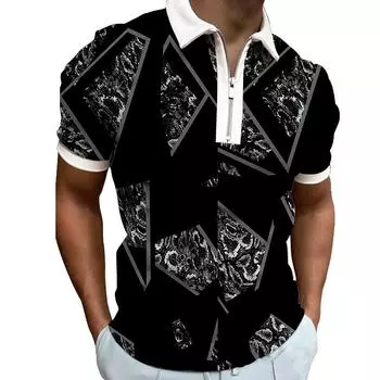 Черная мужская рубашка-поло с короткими рукавами и застежкой-молнией с 3D-геометрическим принтом S серый