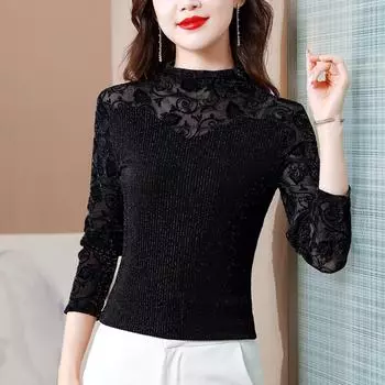 Черная нижняя рубашка женская весна и осень новая мама футболка с длинными рукавами осенне-зимний внутренний топ M