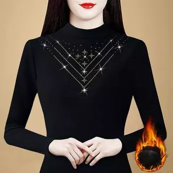 Черная нижняя рубашка женская зимняя с длинными рукавами внутренняя часть с новым облегающим верхом Hot Diamond от New Mother, флисом и более плотной футболкой M