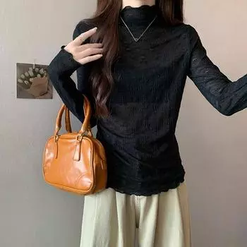 Черная облегающая футболка, женская футболка на осень и зиму, плюс бархат для сохранения тепла, полувысокий воротник, кружевной топ с грибковой окантовкой и длинными рукавами S