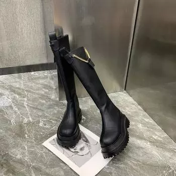 Черная обувь, байкерские длинные зимние сапоги до колена с круглым носком, женские сапоги на платформе, женские сапоги, горячий рабочий тренд Gyaru 2024 35