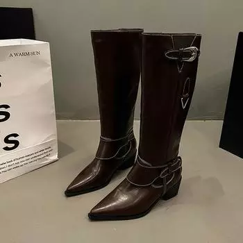 Черная обувь Дизайнерская женская обувь в стиле вестерн, высокие сапоги до колен, женская обувь на плоской подошве, модные женские ботильоны с пряжкой, туфли без застежек 35