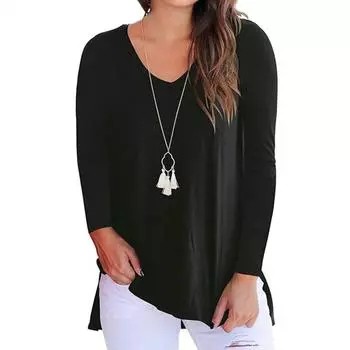 Черная осенне-зимняя женская однотонная футболка Harajuku с длинными рукавами и v-образным вырезом, свободная футболка с высоким и низким топом, топы y2k, E-girl S чёрный