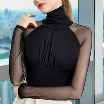 Черная плиссированная сетчатая водолазка, женская новая облегающая и тонкая футболка, темпераментный тонкий топ с длинными рукавами S