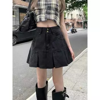 Черная плиссированная юбка со словом «слово», джинсовая короткая одежда, женская летняя одежда 2024, большие размеры, высокая талия, утягивающие юбки-футляры Gyaru, полудлинные юбки XL