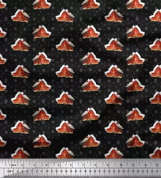 Черная полиэфирная креповая ткань Soimoi Hut с архитектурным принтом, 1 метр 42 дюйма 42 Inch Wide - Poly Crepe чёрный