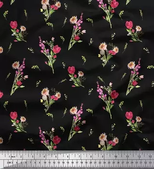 Черная полиэфирная креповая ткань Soimoi, клеверные листья, цветочные принты на ткани, 42 дюйма в ярдах 42 Inch Wide - Poly Crepe чёрный