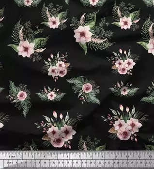 Черная полиэфирная креповая ткань Soimoi миньон, георгин и роза, ткань для рукоделия с цветочным принтом, 1 метр, 42 дюйма 42 Inch Wide - Poly Crepe чёрный