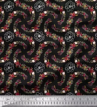 Черная полиэфирная креповая ткань Soimoi с анемоном и розами, швейная ткань с цветочным принтом и принтом в ярдах, 42 дюйма 42 Inch Wide - Poly Crepe чёрный