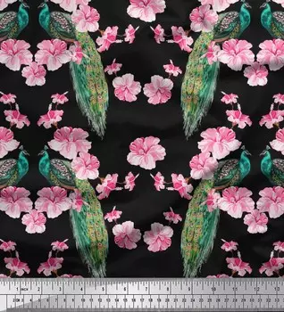 Черная полиэфирная креповая ткань Soimoi с цветочным принтом и принтом павлина и птицы, 42 дюйма в ярдах 42 Inch Wide - Poly Crepe чёрный