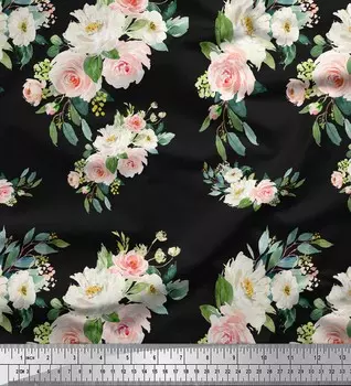 Черная полиэфирная креповая ткань Soimoi с цветочным принтом «Листья и лютики» для рукоделия, 42 дюйма по метрам 42 Inch Wide - Poly Crepe чёрный