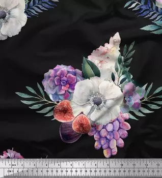 Черная полиэфирная креповая ткань Soimoi с цветочным принтом листьев и анемонов в ярдах, 42 дюйма 42 Inch Wide - Poly Crepe чёрный