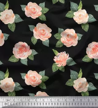 Черная полиэфирная креповая ткань Soimoi с цветочным принтом «Листья и роза веры» в ярдах, 42 дюйма 42 Inch Wide - Poly Crepe чёрный